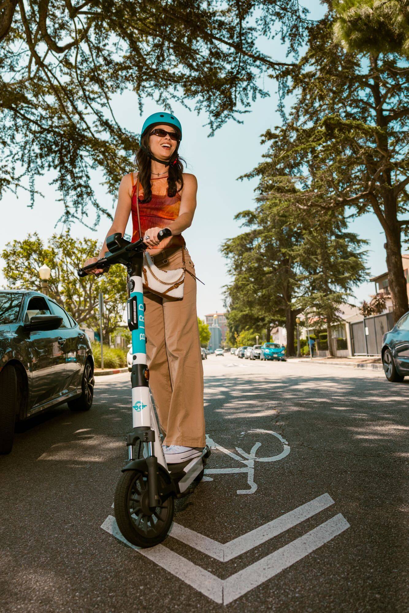 Rider on a Bird scooter in a protected bike lane on a sunny city street